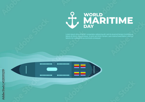 World maritime day background with big ship and anchor on ocean.