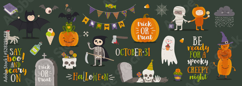 Set of halloween cartoon characters, symbol, objects and items. Vector illustration.