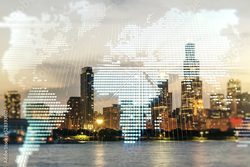 Abstract creative digital world map on Chicago cityscape background, globalization concept. Multiexposure