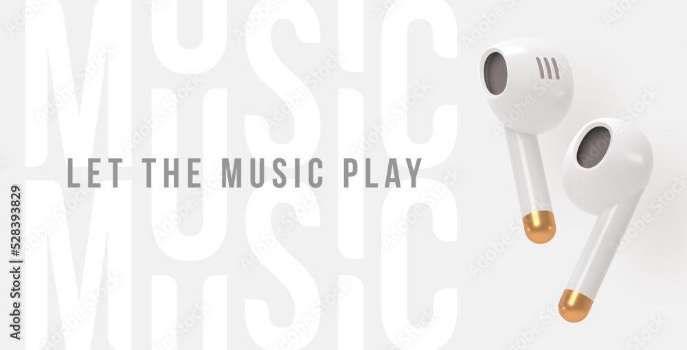 Fototapeta premium Realistic white portable wireless headphones with golden elements. 3d render wireless Earbuds. Let the music play vector illustration.