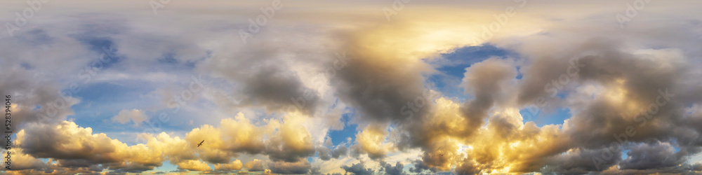 Dramatic sunset sky panorama with Cumulus clouds. Seamless hdr 360 pano in spherical equirectangular format. Complete zenith for 3D visualization, game and sky replacement for aerial drone panoramas Dramatic sunset sky panorama with Cumulus clouds. Seamless hdr 360 pano in spherical equirectangular format. Complete zenith for 3D visualization, game and sky replacement for aerial drone panoramas