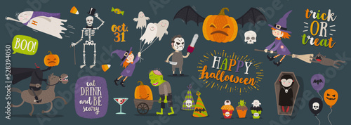 Set of halloween cartoon characters, symbol, objects and items. Vector illustration.