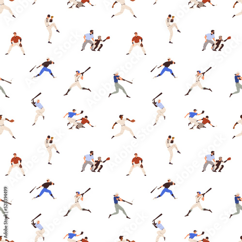 Baseball players pattern. Seamless background with sport game print. Repeating texture design with athletes playing, people in action, motion, different positions. Colored flat vector illustration © Good Studio