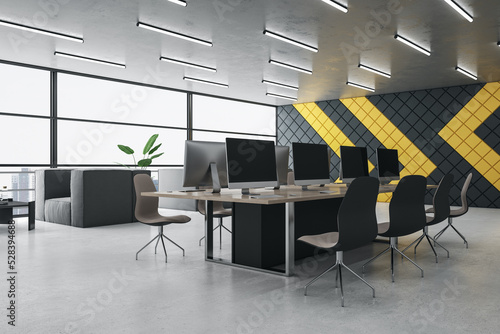 Contemporary designer coworking office interior with furniture and window with city view. 3D Rendering.