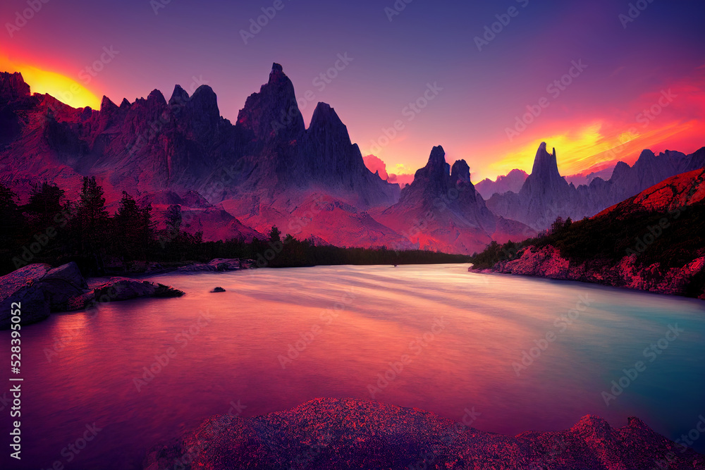 colourful mountain canyon long exposure river sunset, beautiful outdoor wonderland landscape background, 3d render, 3d illustration