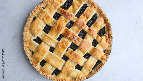 Homemade blueberry pie, top view. Thanksgiving food concept.