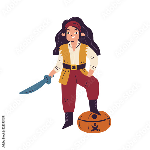 Cute Halloween pirate and October pumpkin. Happy little boy kid disguised, dressed in carnival costume for Helloween holiday party. Childish flat vector illustration isolated on white background