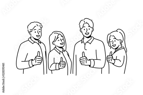 Smiling people showing thumbs up give recommendation to service. Happy team recommend good quality course or work. Employment concept. Vector illustration. 