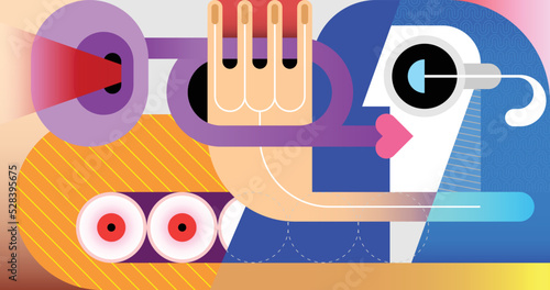Vector illustration of a side view of a man with long hair wearing sunglasses and playing the trumpet. Geometric style contemporary graphic artwork.