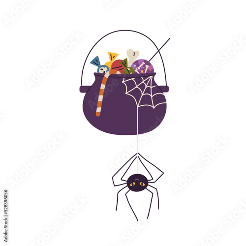Halloween cauldron full of treats, candies and cute creepy spider hanging on web string. Helloween October pot with sweets, lollipops. Childish flat vector illustration isolated on white background