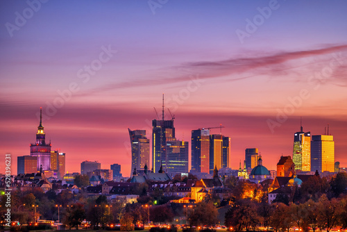 City Downtown Of Warsaw At Twilight In Poland