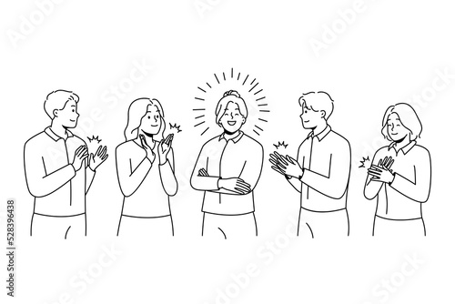 Happy colleague applaud greeting successful businesswoman with personal work achievement. Smiling employees clap hands show acknowledgement to female leader. Vector illustration.  photo