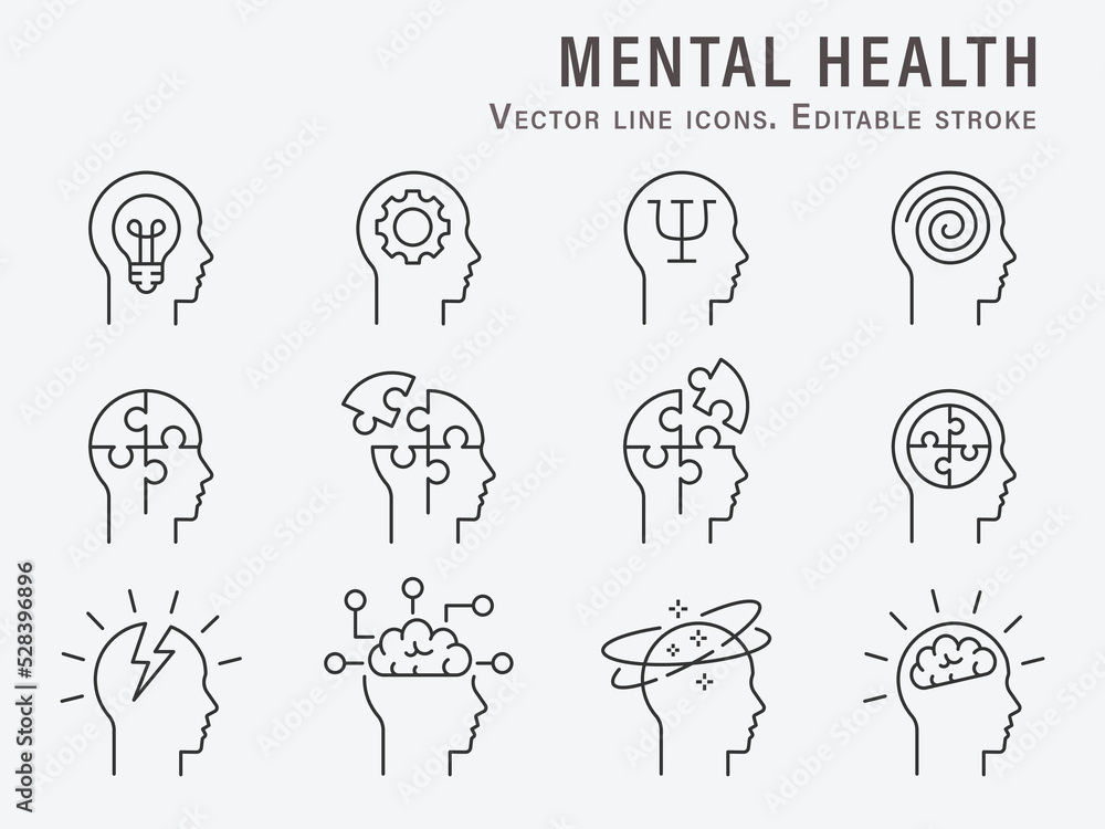 Mental health icons, such as brain, mind, anxiety, depression and more. Editable Stroke. Vector illustration. - obrazy, fototapety, plakaty 