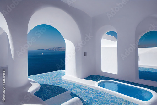 beautiful santorini greece panoramic background, travel holliday summer wallpaper, 3d render, 3d illustration © Gbor