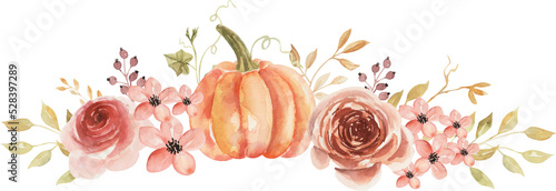 Fototapeta Naklejka Na Ścianę i Meble -  Rose Orange and Pumpkin Autumn watercolor flower arrangement bouquet