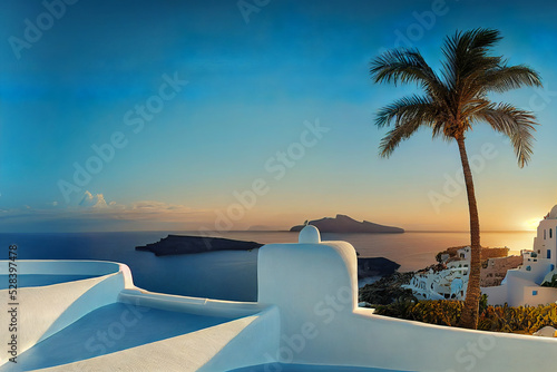 beautiful santorini greece panoramic background, travel holliday summer wallpaper, 3d render, 3d illustration