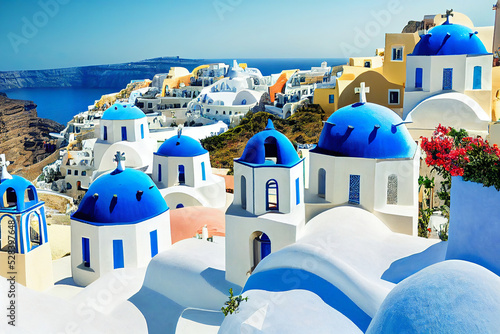 beautiful santorini greece panoramic background, travel holliday summer wallpaper, 3d render, 3d illustration