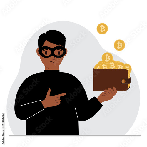 Thief in a black mask with a purse of coins with a bitcoin sign. Cyber attack, mobile phishing, fraud, hacker, theft, theft.