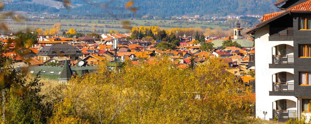 Bansko, Bulgaria, town autumn panorama banner
