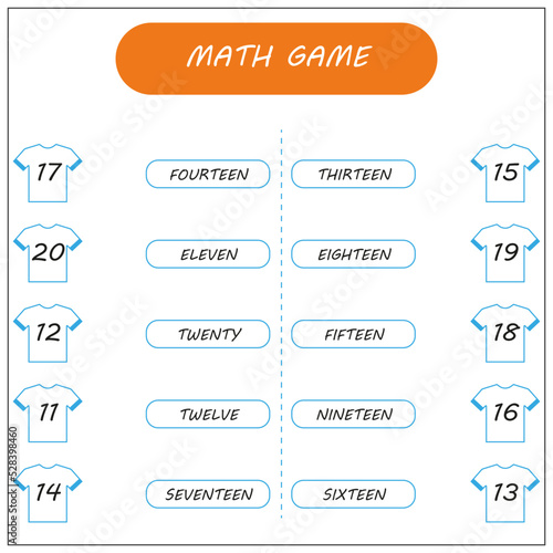 Draw lines to connect each number with its number word. Math game. Set worksheets for kids preschool and school age. 