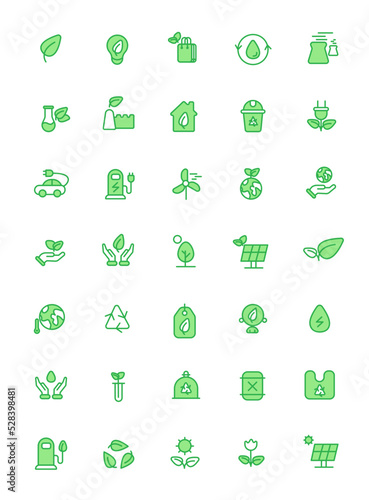 ECOLOGY - line vector icon set. The set contains icons: Ecology, Leaf, Environmental Conservation, Alternative Energy, Green Technology, Lightbulb, Forest, Agriculture, Recycling. For Mobile and Web.