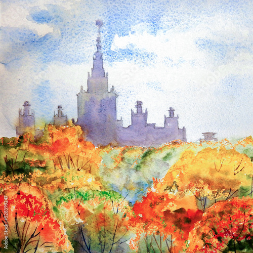 Moscow State University on Sparrow Hills, Russia, watercolor painting photo