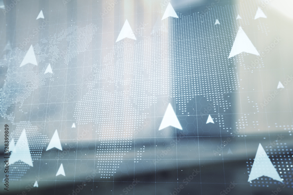Abstract virtual geolocations map hologram on blurry modern office ...