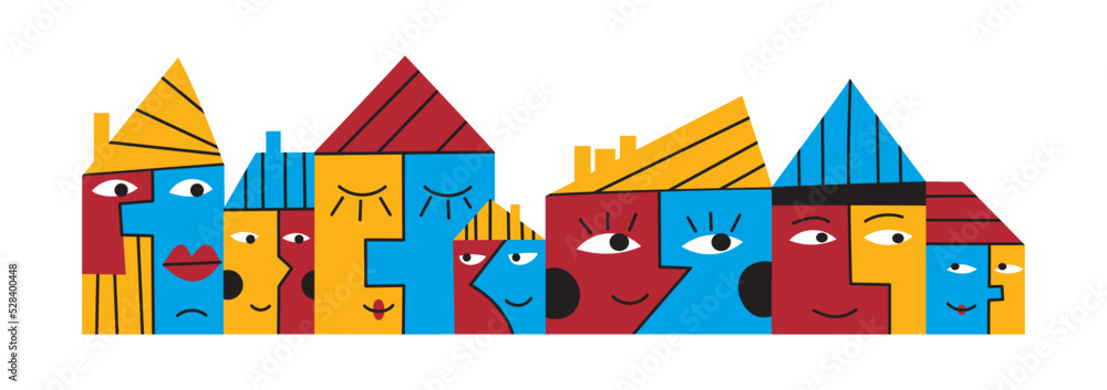 Group of cute houses standing together.  Simple funny buildings with faces. Vector cartoon flat childish illustration