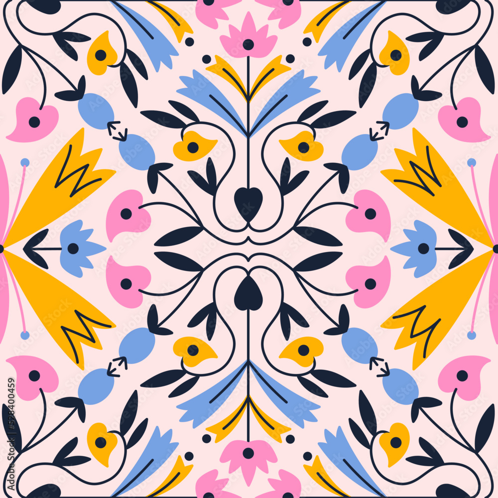 Colorful vintage floral seamless pattern. Vector flat illustration with retro flowers. Symmetric motif for design of fabric, paper, and other surfaces
