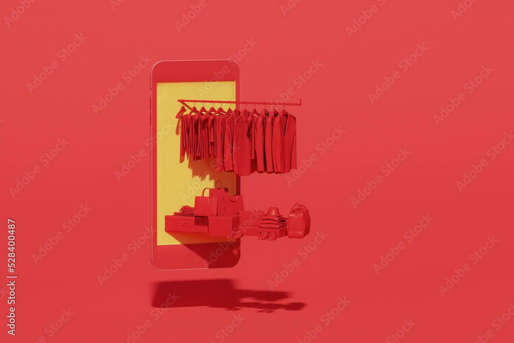 3D Minimal online shopping on smartphone application service, digital marketing, online buying. Clothing store in smartphone online shop app on red color background. 3d render
