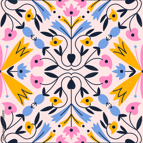 Colorful vintage floral seamless pattern. Vector flat illustration with retro flowers. Symmetric motif for design of fabric, paper, and other surfaces