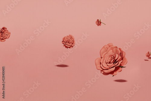 Rose flowers floating on pink background. 3d render