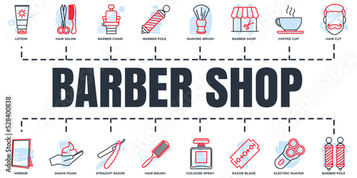 Barber shop banner web icon set. cologne spray, razor blade, mirror, hair salon, hair brush, hair cut, lotion and more vector illustration concept.