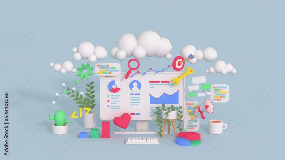 SEO marketing and web analytics concept. Minimal cartoon style 3D render animation SEO marketing and web analytics concept. Minimal cartoon style 3D render animation