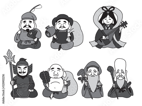 七福神　手描きセット　モノクロ