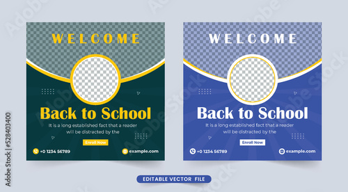 Creative school admission social media post design with abstract shapes. School education and academic poster vector with dark and blue colors. College Registration web banner template vector.