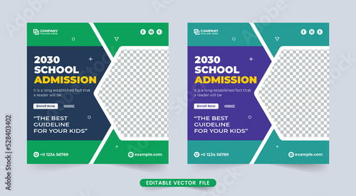 School admission social media post template with green and dark colors. Education web banner template vector for schools. Creative school admission promotion banner for social media.
