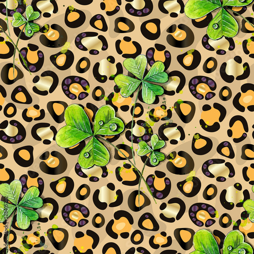 Horisontal background with three-leaved shamrocks, Lucky Irish Four Leaf Clover in the Field on leopard background. with three-leaved shamrocks, St. Patrick's day holiday symbol