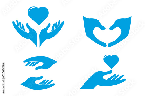 Set Human hands silhouette with heart shape charity concept isolated on white background. Collection arms with fingers, helpful gesture.