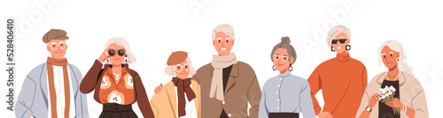 Modern old senior people. Happy elderly men, women in fashion stylish clothes, apparels. Group portrait of trendy aged retired characters. Flat graphic vector illustration isolated on white background