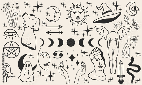 Mystical magical boho elements. Witching sticker set. Esoteric sketch for a tattoo. Moon, sun, symbols, body, Venus, angel, witch hat, snake, crystals, dagger and more.