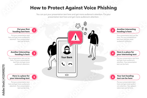 Simple infographic template for how to protect against voice phishing. 6 stages template with a smartphone and fake bank phone call as a main symbol.