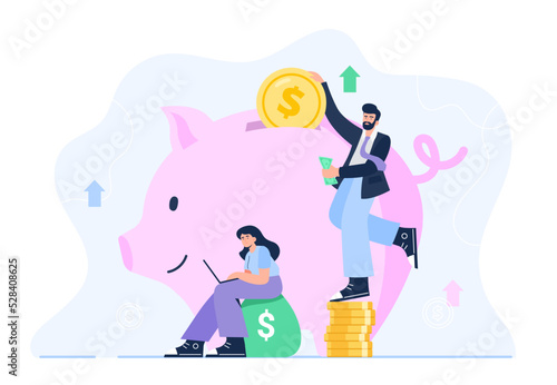 Personal finance management concept. A man and woman save the earning money in the piggy bank. Savings for education, vacation, or retirement. Vector flat illustration on the white background.