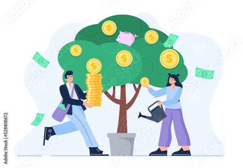 Personal finance management concept. Business investment profit. A man and woman water a money tree and pick up coins and cash. Vector flat illustration isolated on the white background.