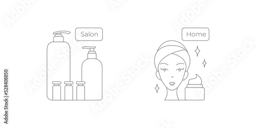 Skin care home, salon icons symbol set. Editable stroke. Vector stock illustration isolated on white background for packaging design in beauty industry. 