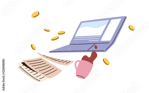 Laptop computer, paper documents, scattered money coins and coffee cup falling. Work fail, business problem, crisis, chaos and disorder concept. Flat vector illustration isolated on white background