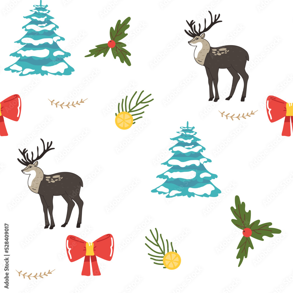 Seamless Vector deers pattern, winter Christmas and Happy New Year Day design background image with deer and snowflakes christmas tree Seamless Vector deers pattern, winter Christmas and Happy New Year Day design background image with deer and snowflakes christmas tree