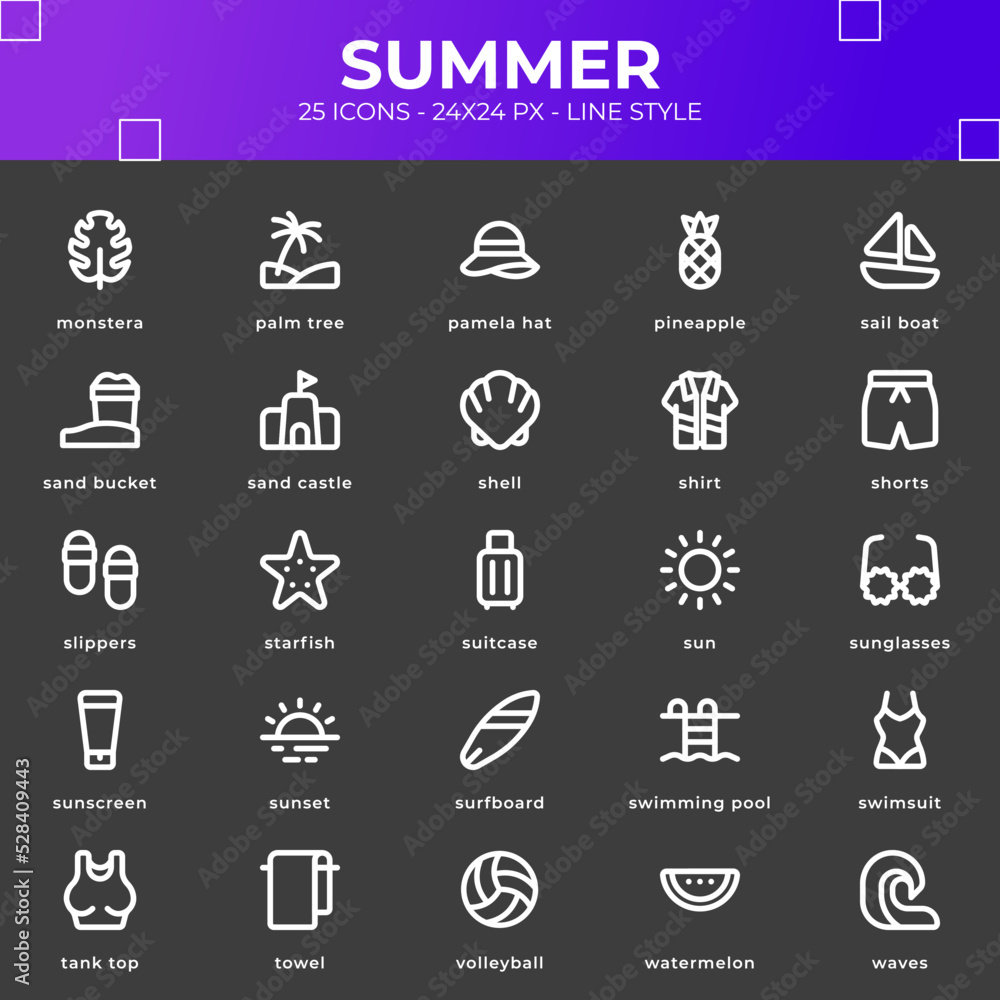 Summer icon pack with black color