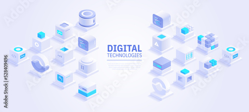 Web banner design of digital technologies concept. Abstract isometric cubes with text place on white background. Online communication and blockchain. Vector illustration of advertising landing page