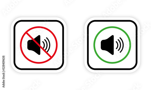 Ban Noise Notification Zone Red Forbidden Round Sign. Sound Off Mute Mode Black Silhouette Icon Set. Loud Sound Allowed Area Green Symbol. Warning Keep Silence. Isolated Vector Illustration
